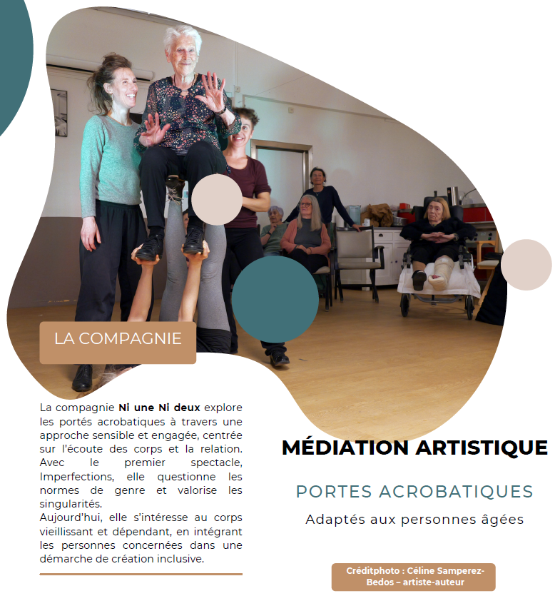 Plaquette de présentation des formules de médiation proposées en EHPAD par la compagnie Ni une Ni deux.